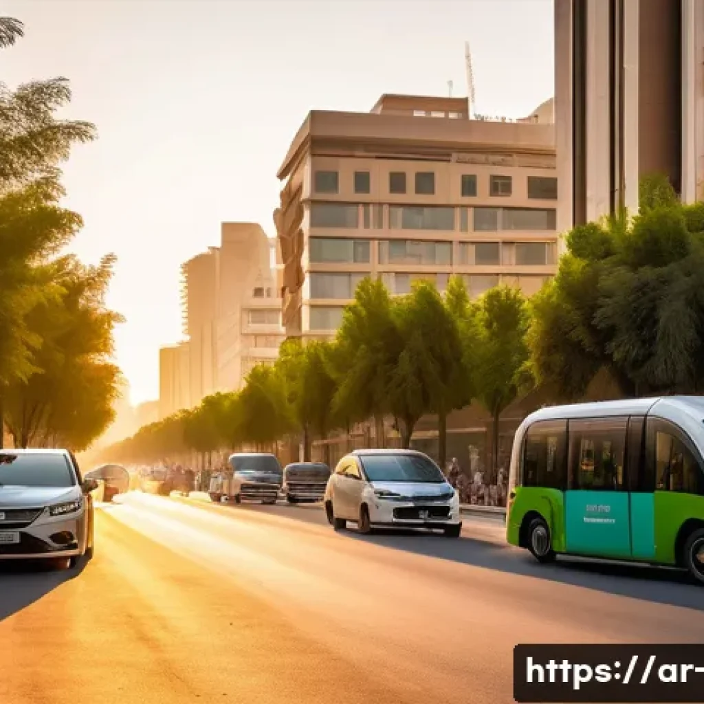 대기환경분야 주요 실무 과제 - A vibrant urban scene in a Middle Eastern city at sunset, showcasing a diverse group of Arabic-speak...