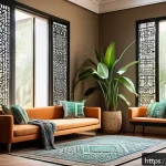 Home 20 대기환경 실무 노하우와 팁 - A cozy, modern Arabic-style living room filled with various air-purifying houseplants such as aloe v...