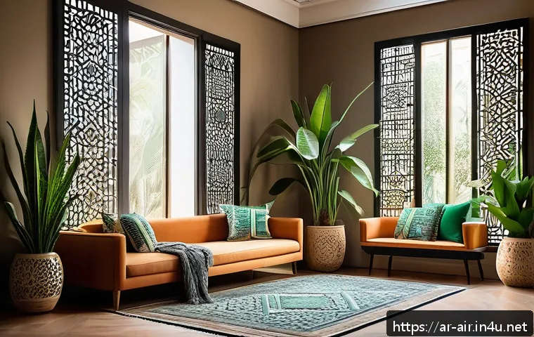 대기환경 실무 노하우와 팁 - A cozy, modern Arabic-style living room filled with various air-purifying houseplants such as aloe v...
