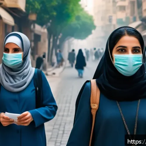 Home 31 대기오염물질 종류 및 특성 정리 - A detailed urban street scene in a Middle Eastern city during daytime, showing diverse pedestrians w...