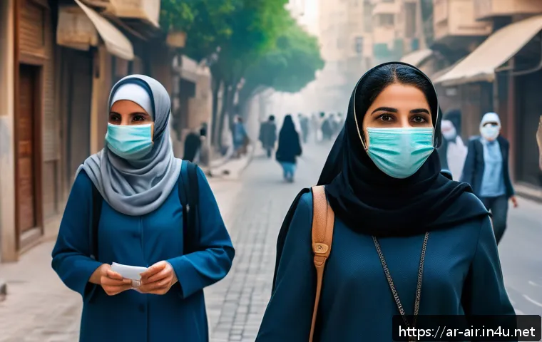 대기오염물질 종류 및 특성 정리 - A detailed urban street scene in a Middle Eastern city during daytime, showing diverse pedestrians w...