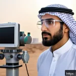 Home 18 대기환경분야에서 이직할 때 준비해야 할 것 - A professional Middle Eastern environmental scientist wearing modest business attire and safety glas...