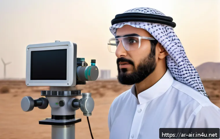 대기환경분야에서 이직할 때 준비해야 할 것 - A professional Middle Eastern environmental scientist wearing modest business attire and safety glas...