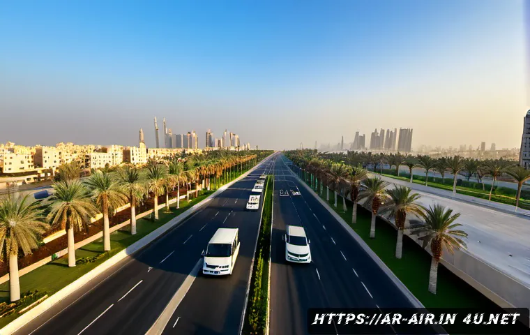 대기환경관리 정책과 기술 변화 - Photorealistic wide-angle view of a modern Middle Eastern city at sunrise, clean electric buses and ...