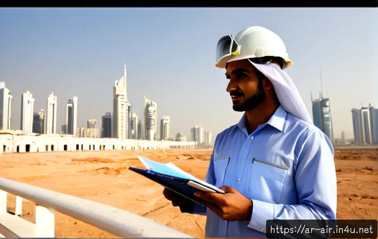 대기환경분야 취업 성공 스토리 - Photorealistic career success scene in an Arab Gulf city: a confident young Arab environmental engin...