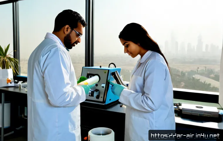 Home 17 대기오염물질 관리 방안 연구 사례 - Photorealistic environmental research team in a modern Gulf-region air quality laboratory, Arab scie...
