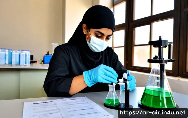 대기환경 산업기사 실기 과목 분석 - Photorealistic environmental engineering practical exam preparation scene, Arab adult student in mod...